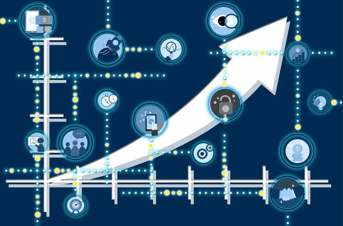 A graphic of a graph with icons and a arrow Description automatically generated with medium confidence