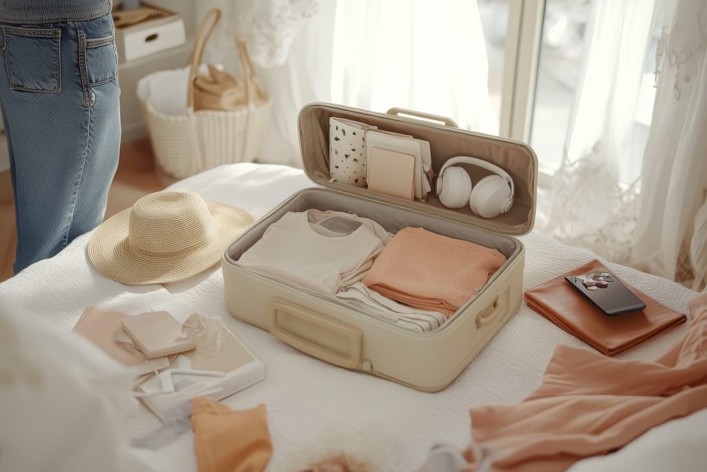 Cozy travel preparation scene organizing a beige suitcase on a neatly made bed with essentials
