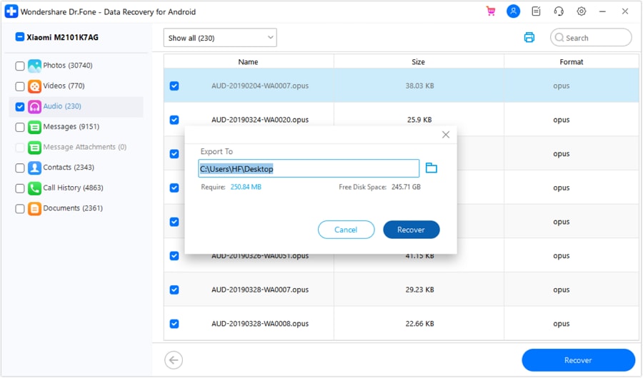 click recover and choose destination