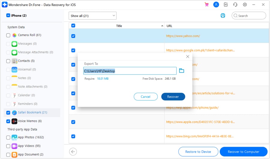 recover by choosing export path