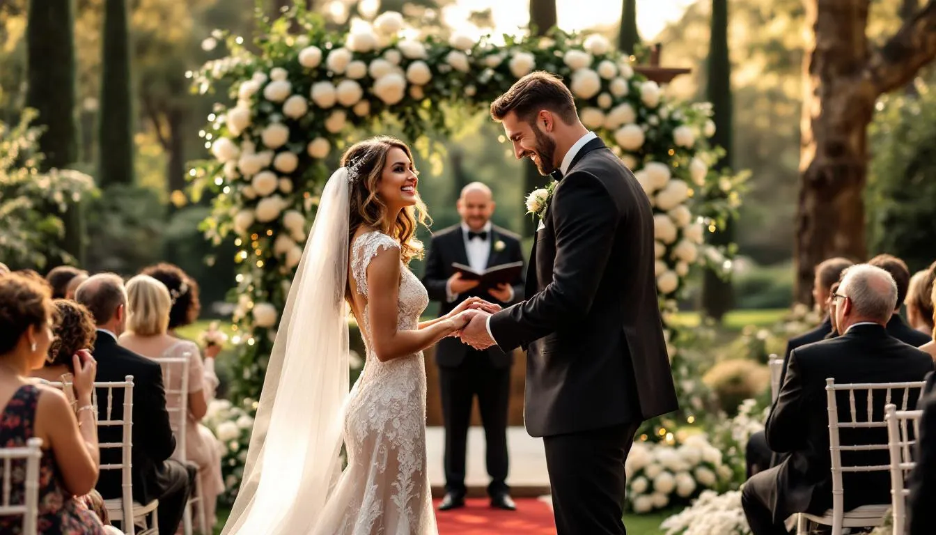 A joyful couple exchanging vows during their wedding ceremony, highlighting the celebration of love on their big day.