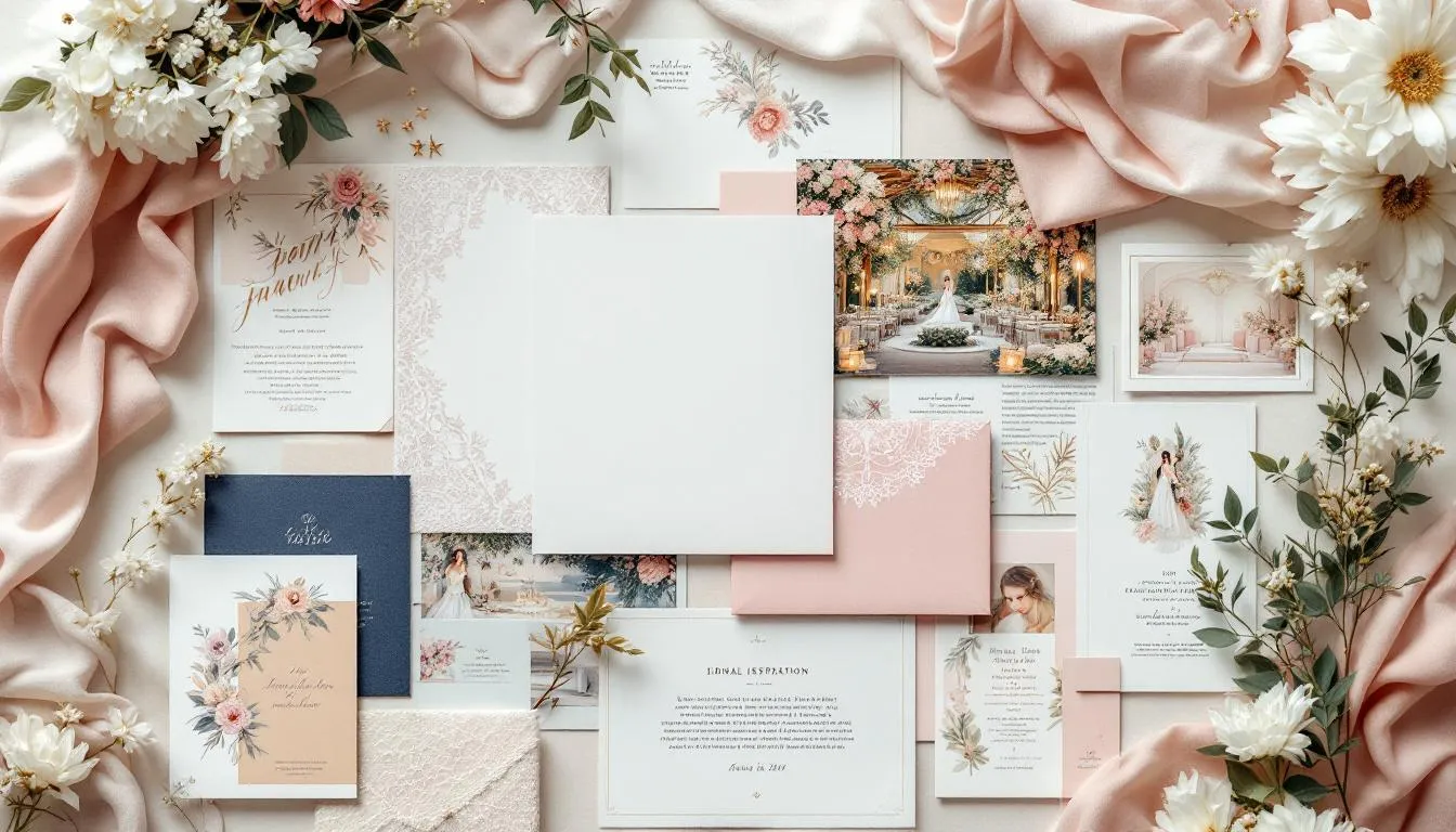 An artistic vision board filled with wedding inspirations, illustrating the crafting of a wedding vision.