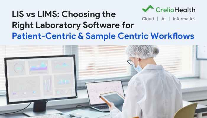 laboratory professional using software tools on multiple screens and a tablet to manage and analyze data. It visually represents the difference between LIS, focused on patient-centered clinical data, and LIMS, designed for sample-centric workflows, highlighting how both systems support efficient laboratory operations and data management