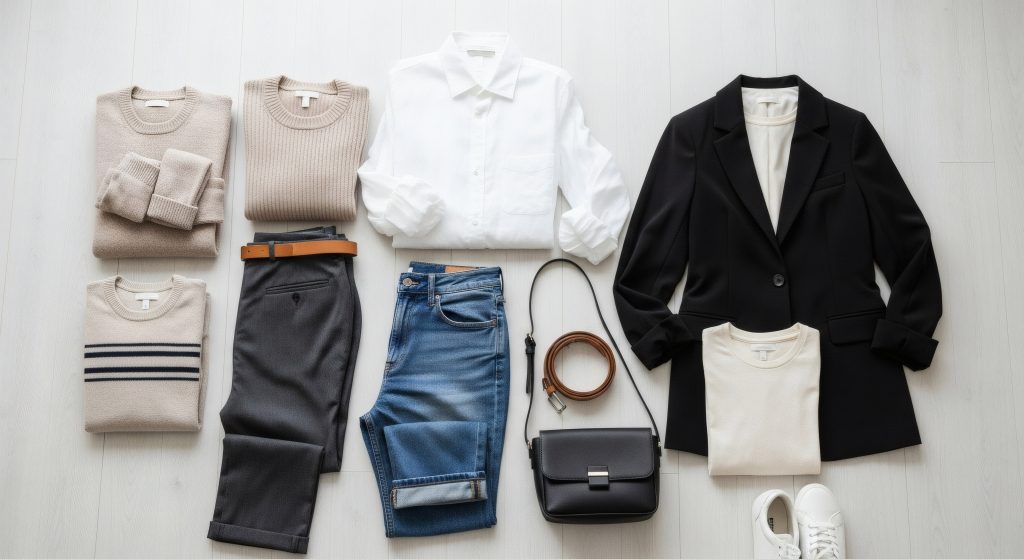 Top view of a curated minimalist capsule wardrobe with essential women's fashion items for a timeless style
