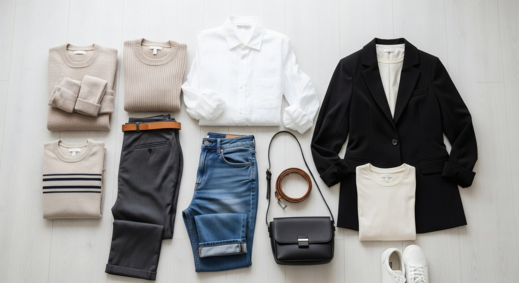 Top view of a curated minimalist capsule wardrobe with essential women's fashion items for a timeless style