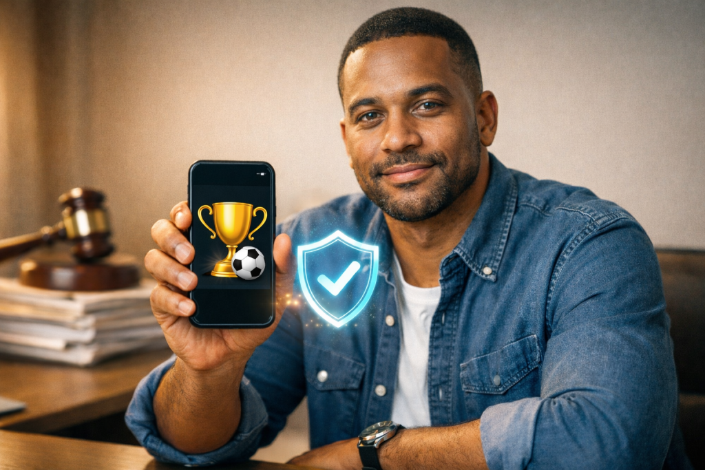 Man holding smartphone with trophy and soccer ball icons, shield checkmark overlay suggesting secure, credible sports-themed play.