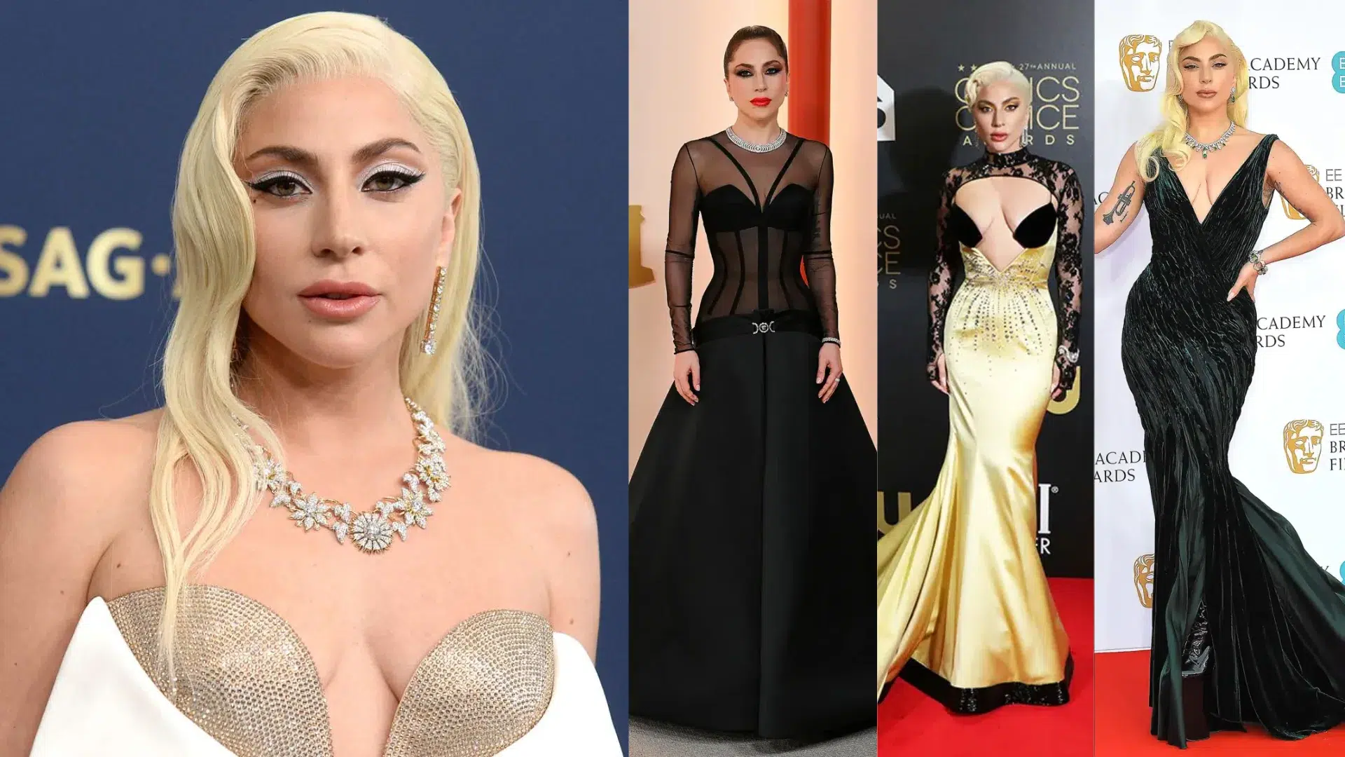 A collage displaying different formal red carpet looks worn by Lady Gaga, featuring blonde hair and striking makeup