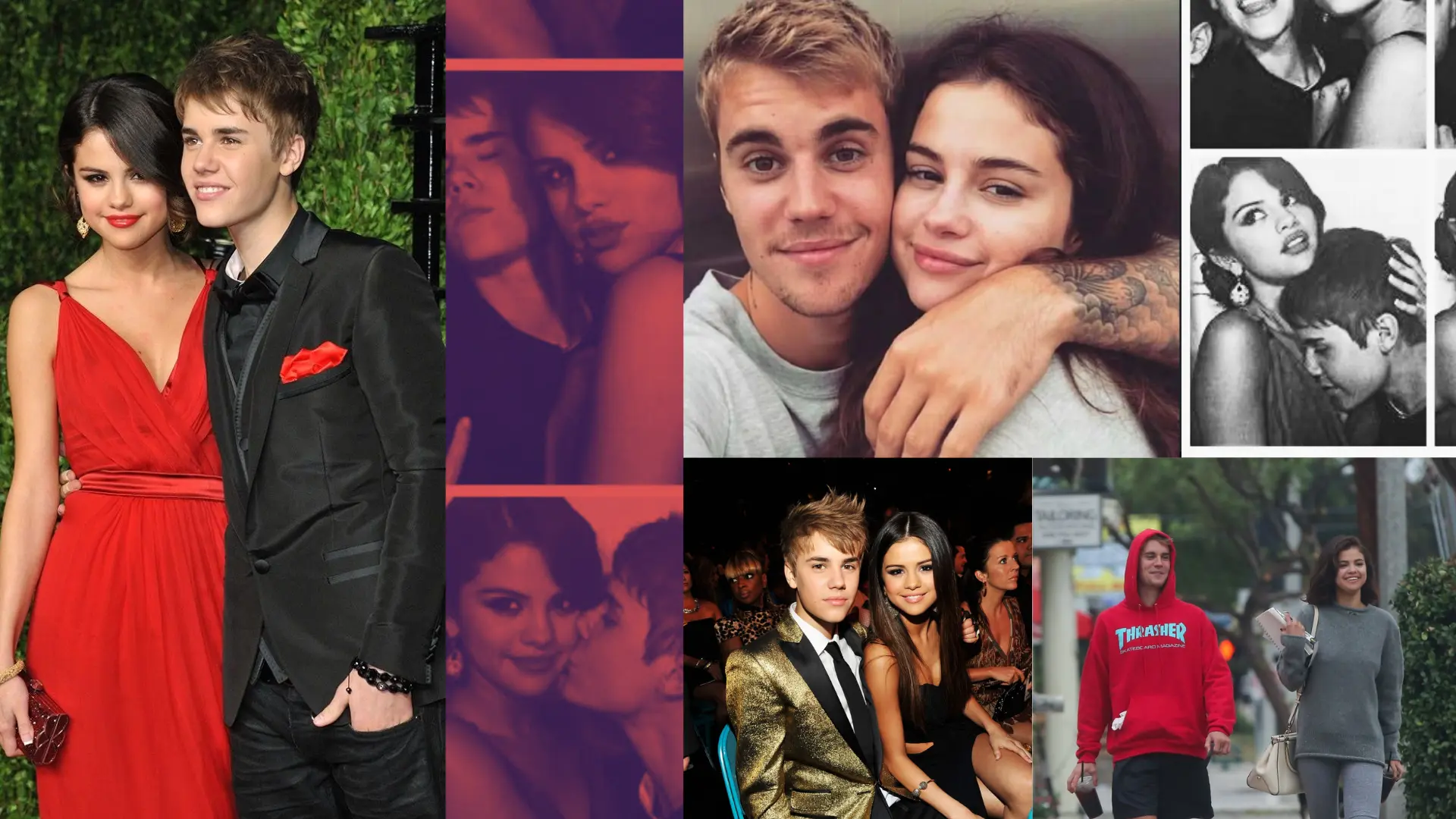 A collage of photos showing various moments of a famous young celebrity couple in formal wear and casual daily life clips