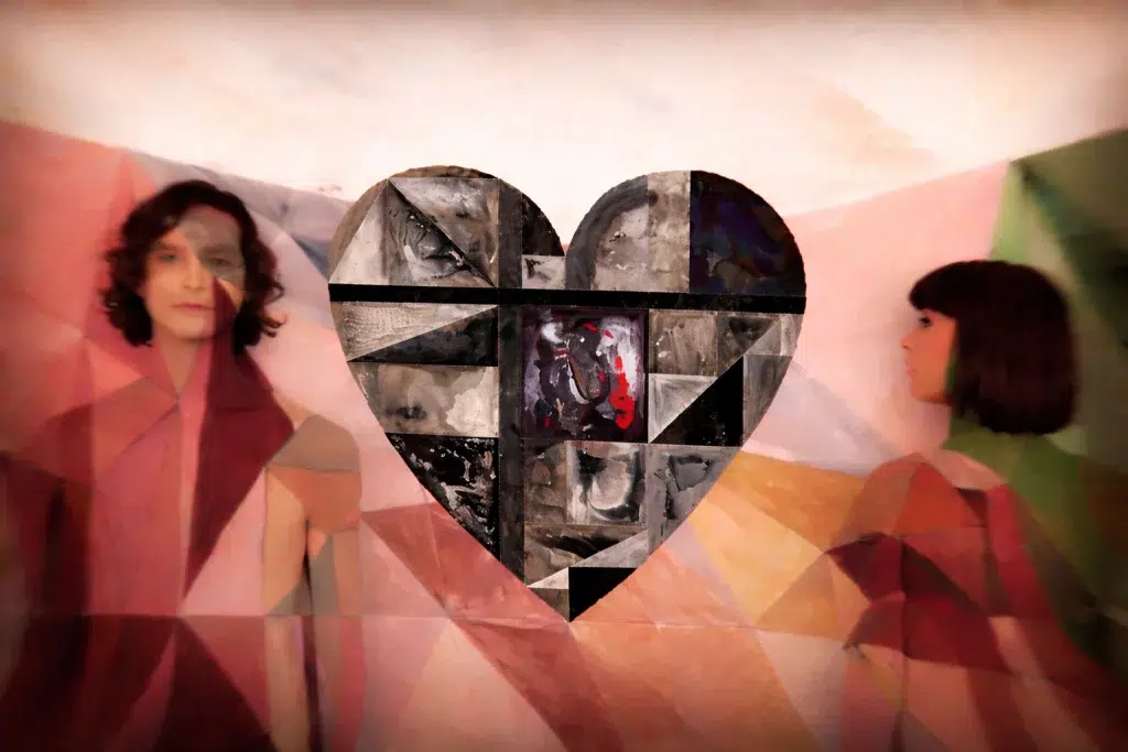 Abstract geometric heart centered between two painted figures inspired by Gotye's Somebody That I Used to Know visuals