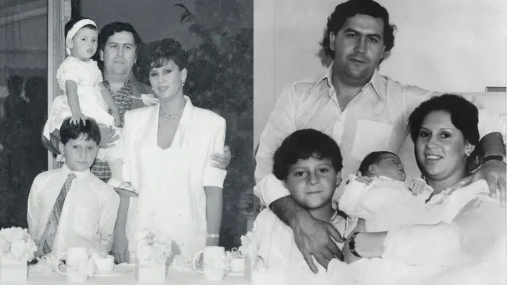 Black-and-white family portraits of Pablo Escobar with his wife, Maria Victoria Henao, and his children, Juan Pablo Escobar and Manuela Escobar