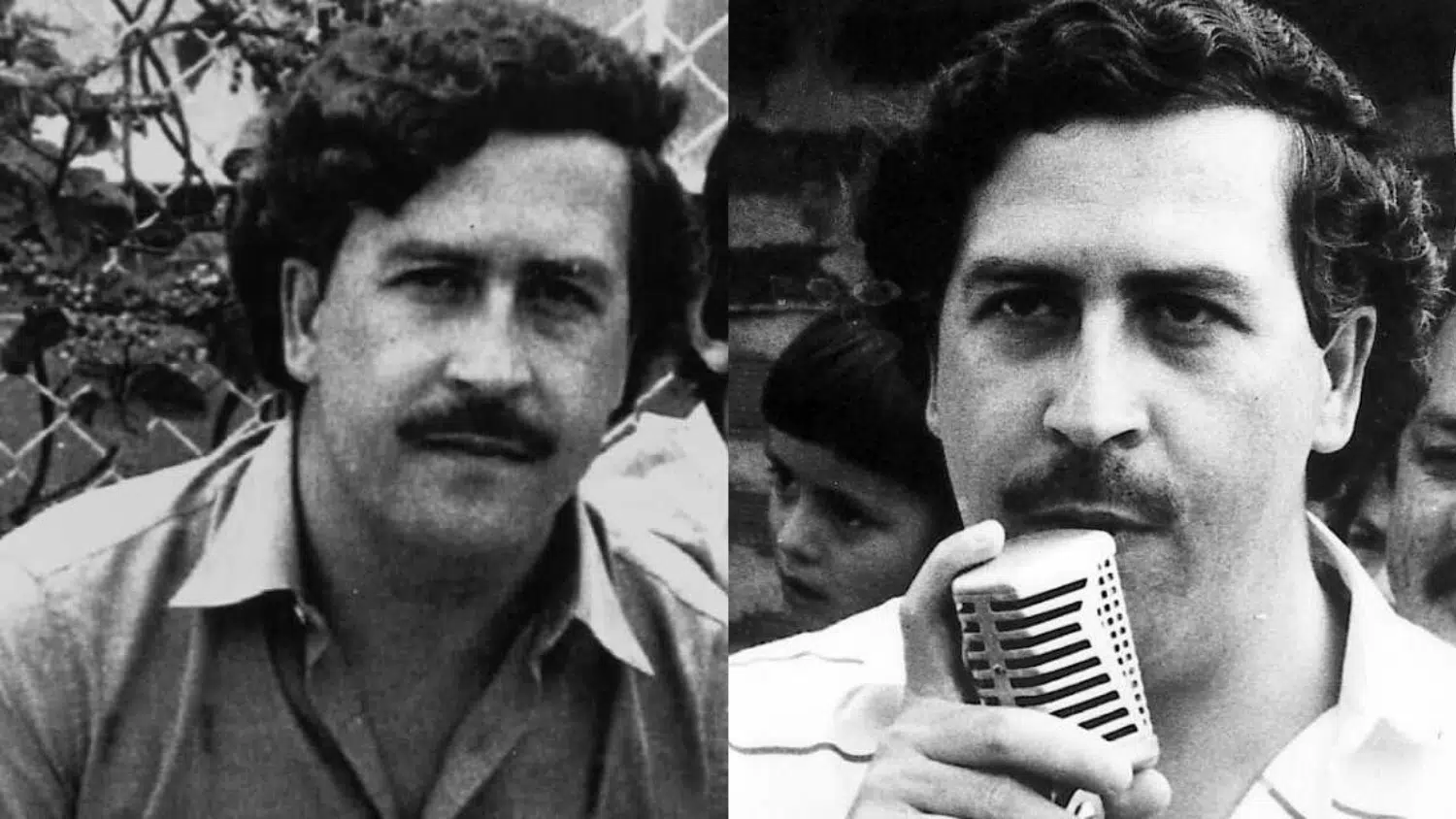 Black-and-white images of Pablo Escobar - looking directly into the camera on the left and speaking into a vintage microphone on the right