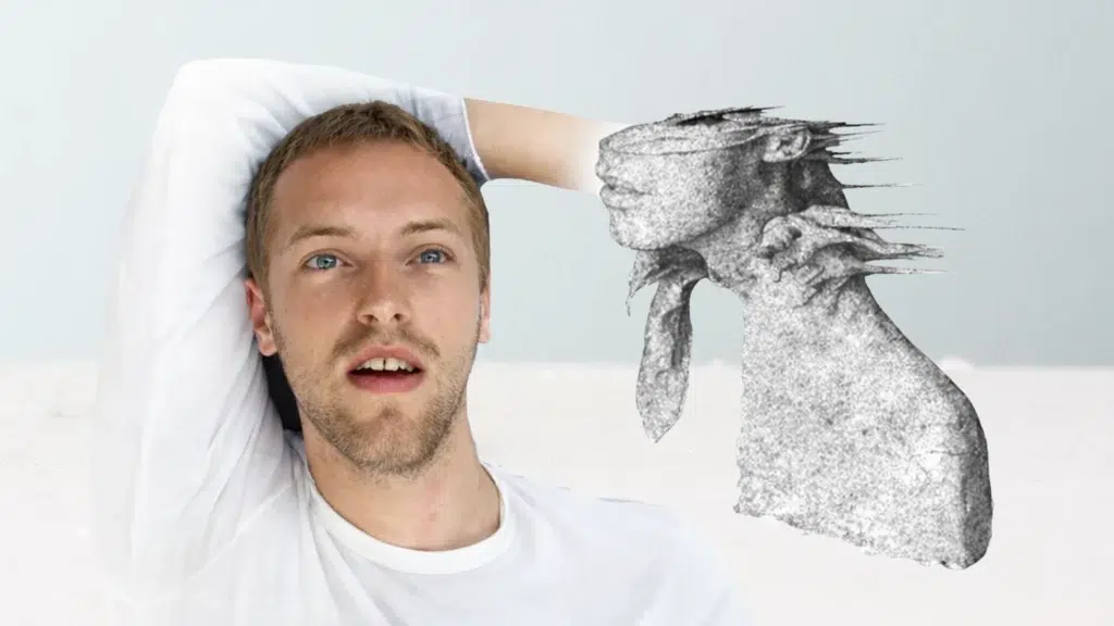 Chris Martin lying beside glitch-style sculpture, soft blue-gray background, calm expression and artistic surreal composition