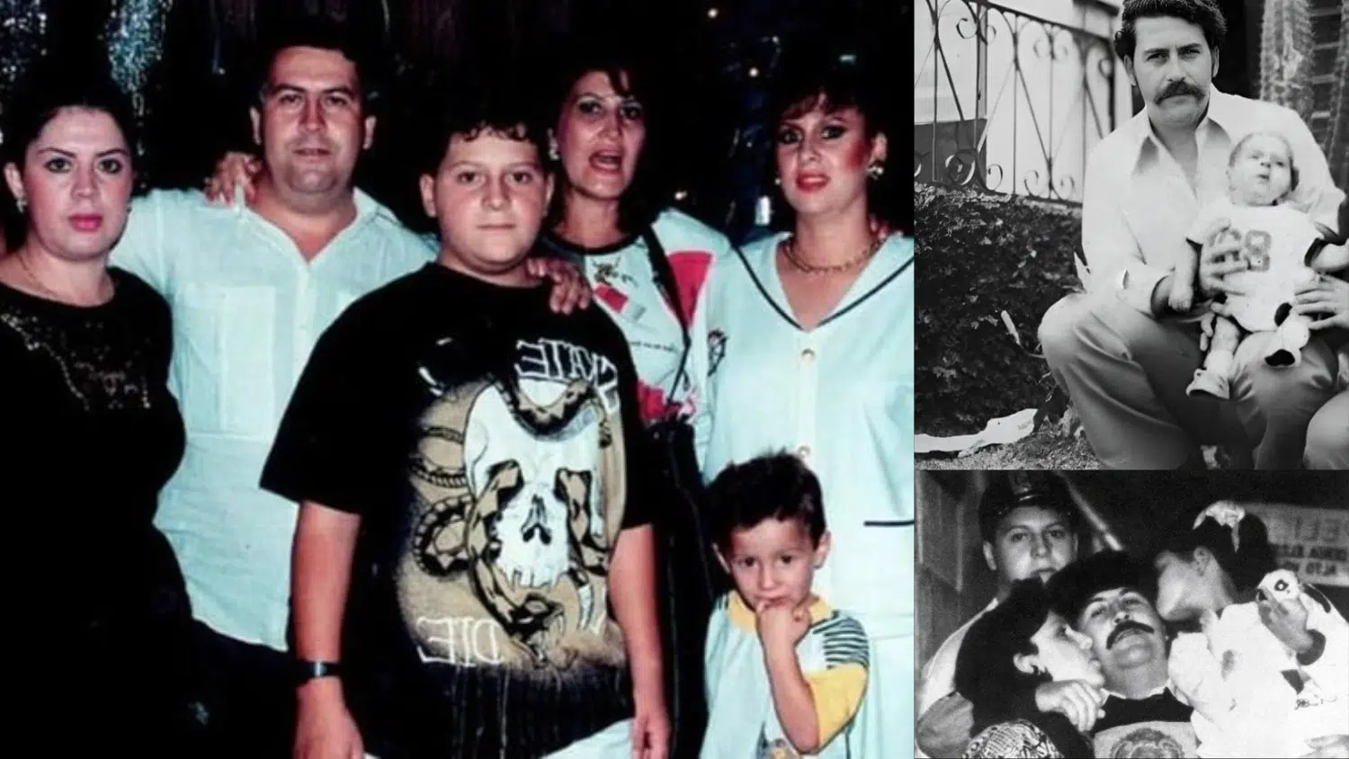Collage of Pablo's family photos - group portrait, black-and-white shots of him holding his kid, and being kissed by family