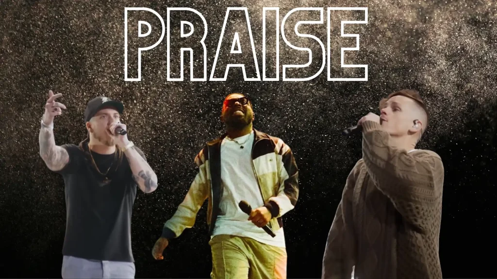 Elevation Worship performing “Praise” live with vibrant stage energy and bold text overlay against a starry background