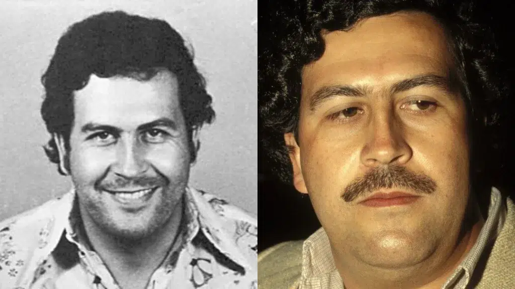 Image showing a black and white, smiling portrait of Pablo Escobar on the left and a close-up photo of him with a mustache on the right