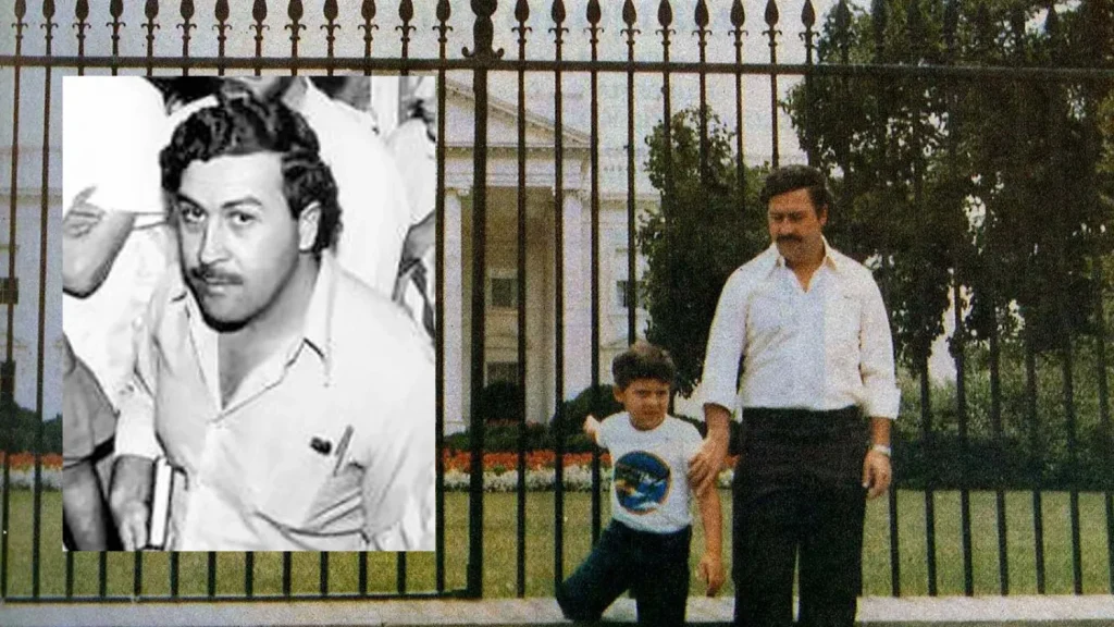 Image showing the famous Pablo Escobar white house image of him and his son, with a black-and-white inset photo of a younger Pablo Escobar