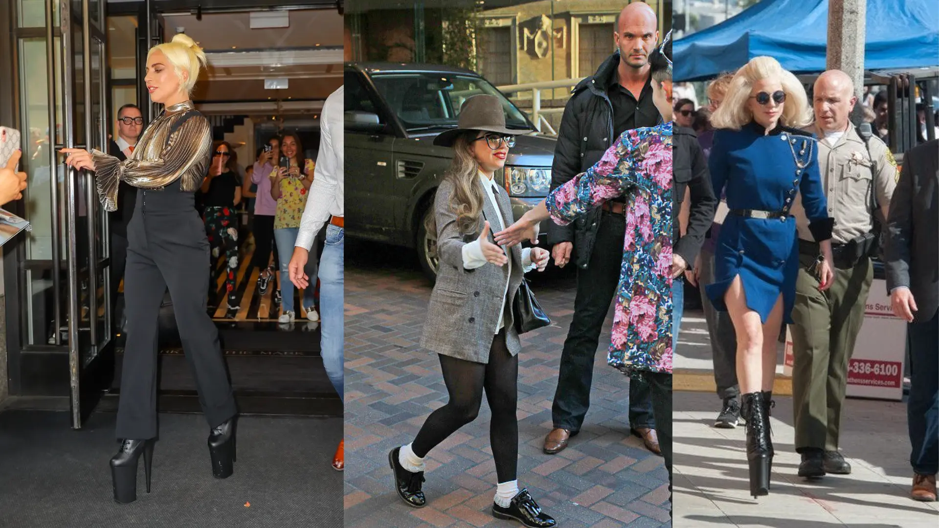 Pictures of Lady Gaga showcasing three distinct street style outfits with exaggerated platform footwear, highlighting her height and weight features