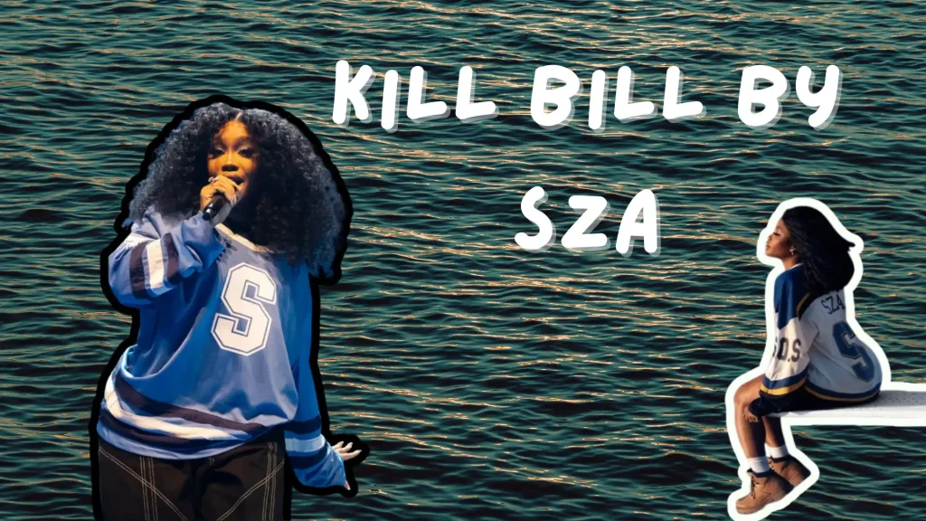 SZA performing and sitting by water with Kill Bill text overlay and ocean background scene