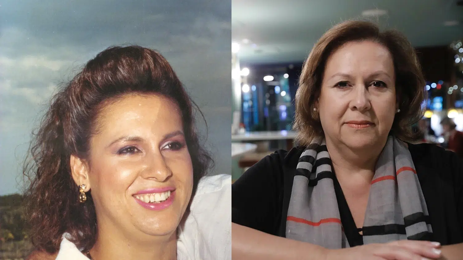 Split image showing Pablo Escobar's wife, Maria Victoria Hena,o the time she was with Pablo and after his passing away on the right