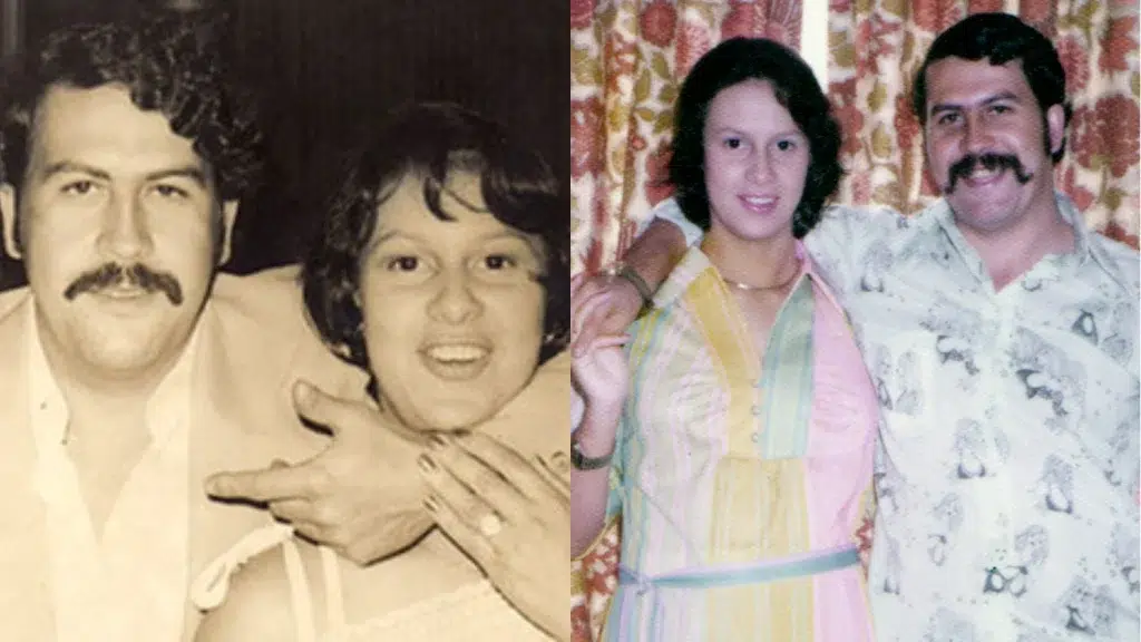 Split image showing two photos of Drug lord Pablo Escobar, along with his wife, Maria Victoria Henao, taken at different times