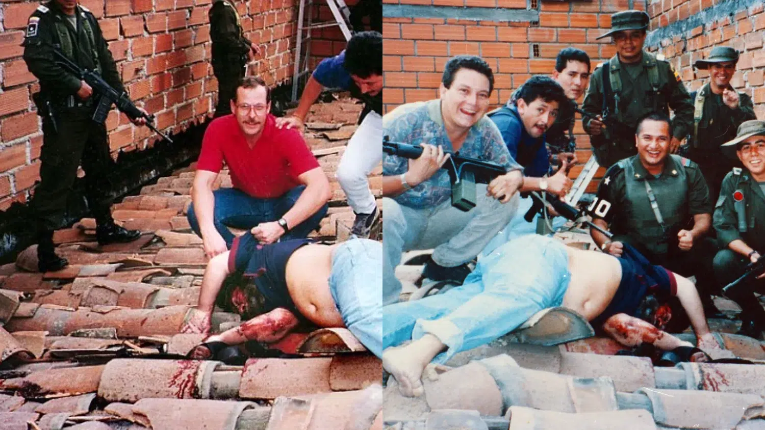 Steve Murphy and Search Bloc agents are posing triumphantly on a tiled roof over the deceased body of Pablo, displaying visible bloodstains