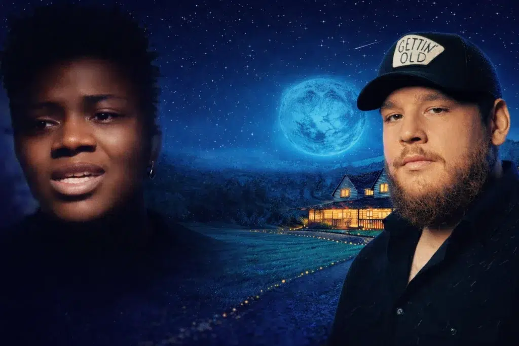 Two musicians, Tracy Chapman singing on the left and Luke Comb on the right, with a moonlit countryside background