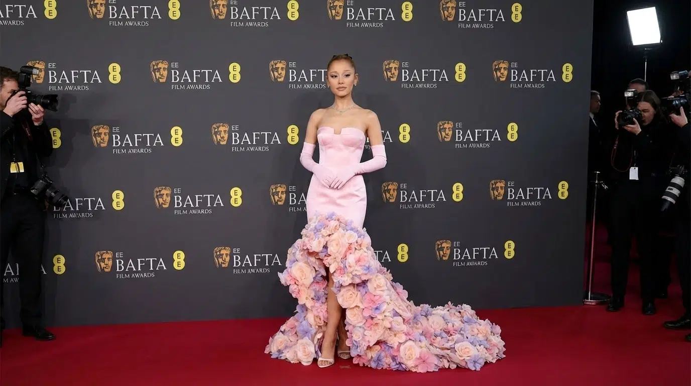 ariana grande at the bafta film awards wearing a pink strapless dress with a floral train, posing for photographers