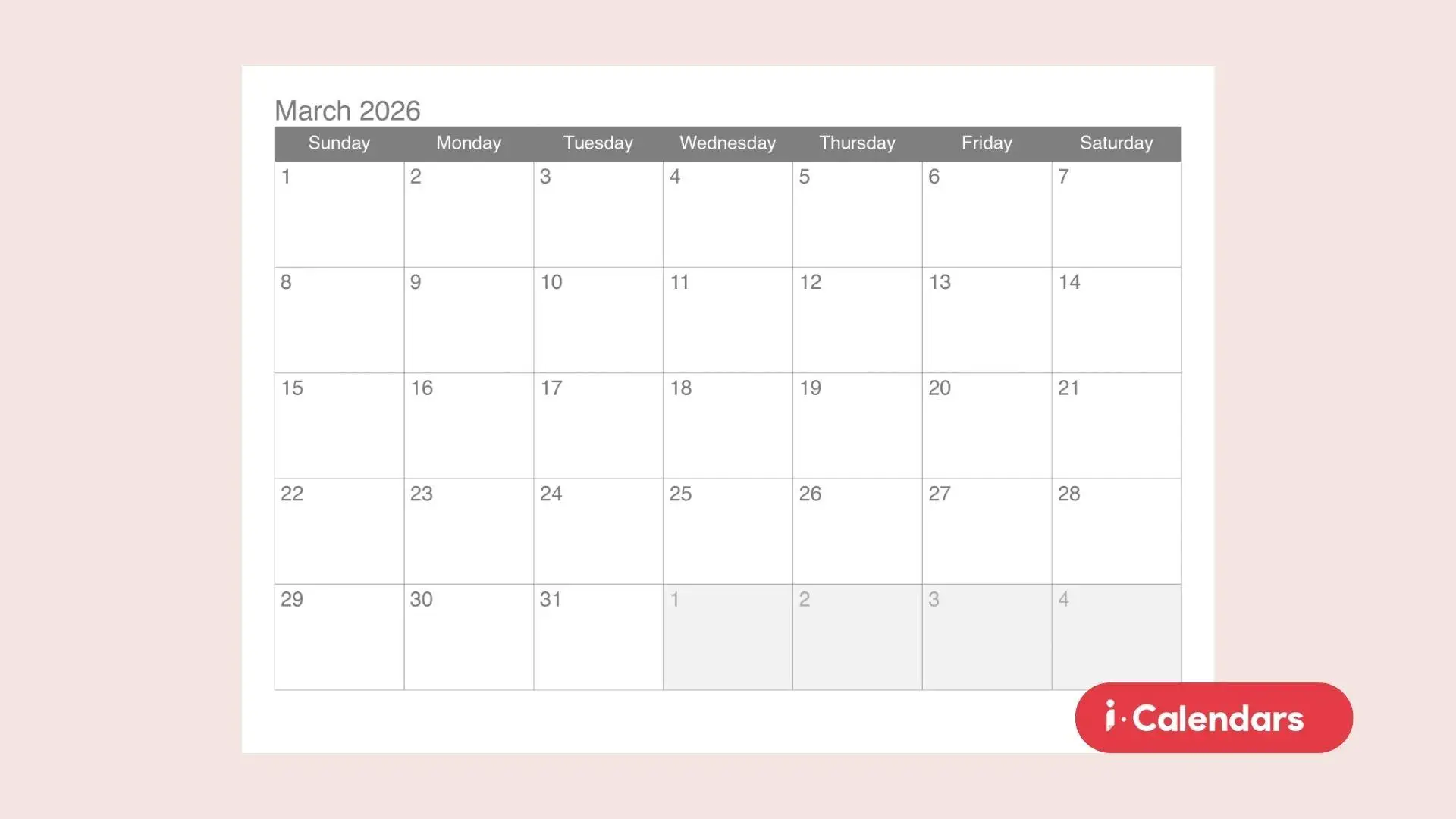 March 2026 calendar grid with dates in a minimalistic design against a light pink background
