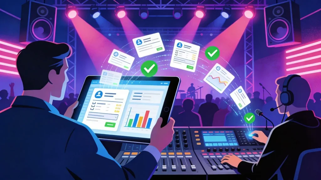 Concert scene with two men using tablets and sound equipment under colorful stage lighting