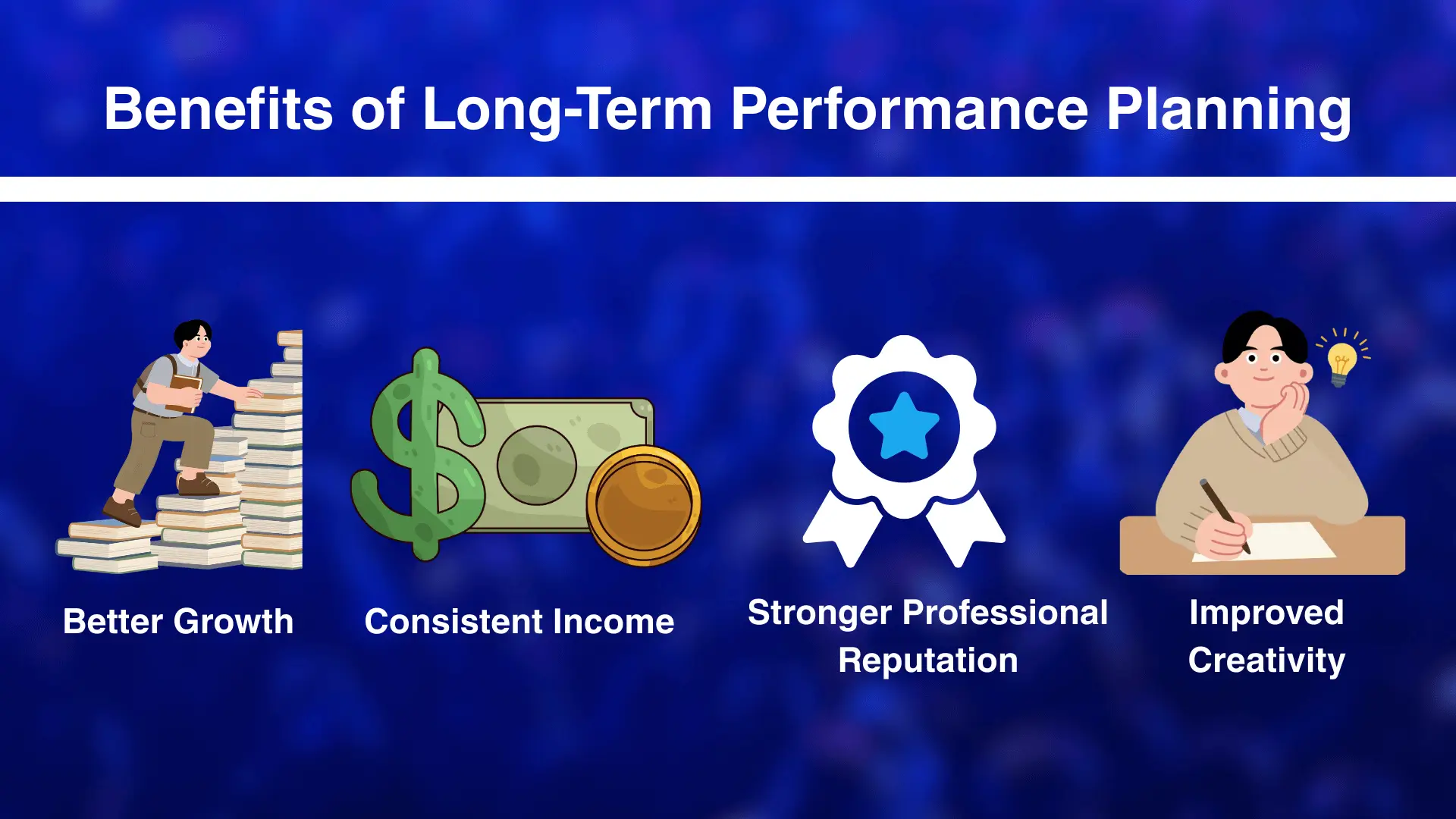 Collage of illustrations depicting growth, income, reputation, and creativity against a blue background