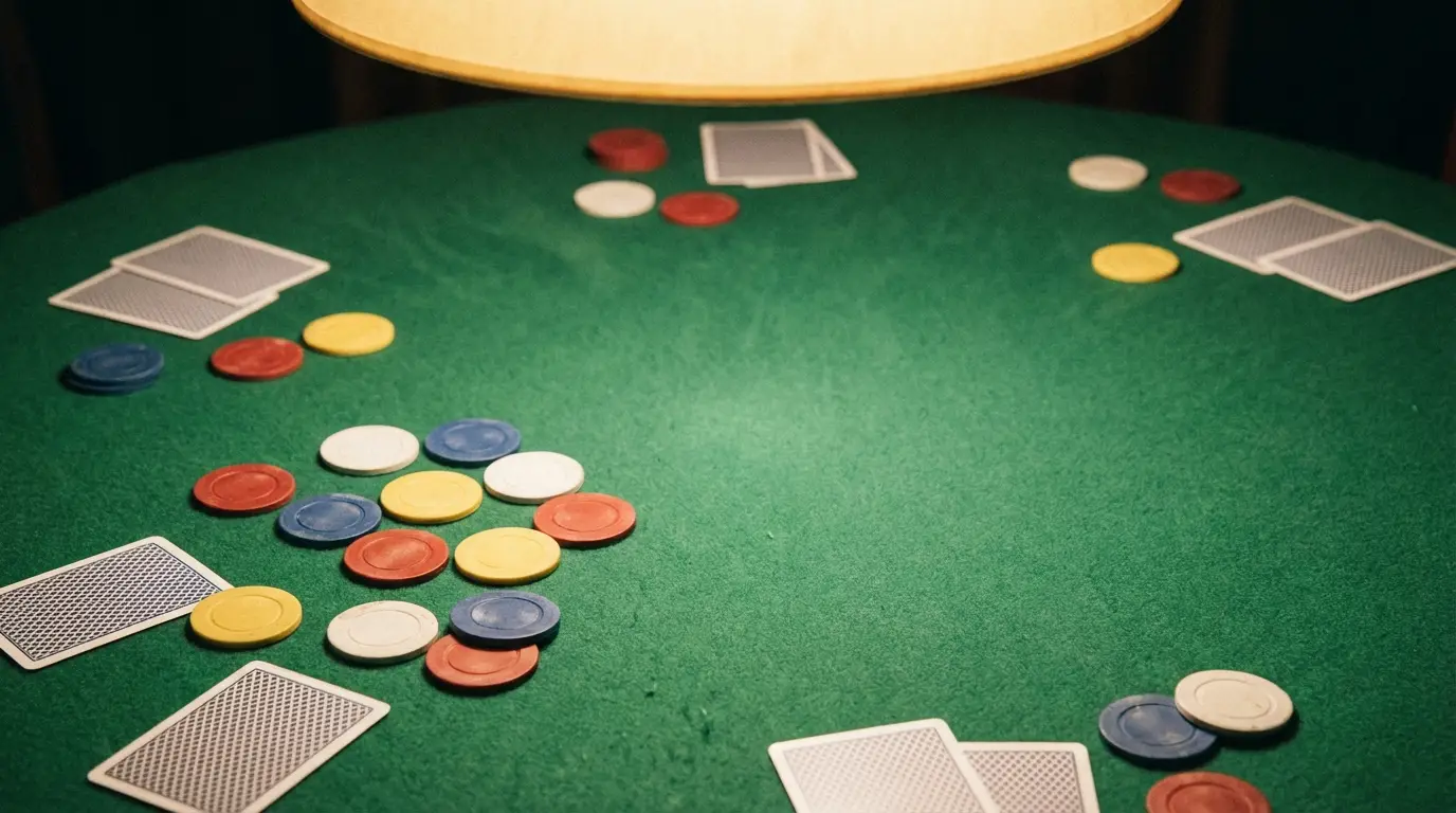 Poker chips and playing cards on green felt poker table under warm lamp light