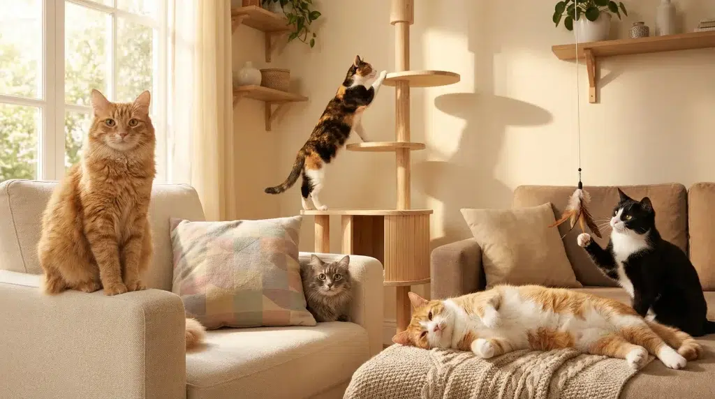 Cats lounging and playing in a cozy living room with cat tree and warm lighting