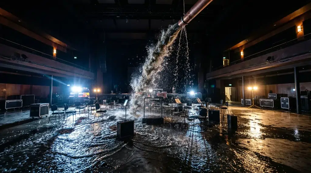 Orchestra stage flooding with water pouring from large pipe in dimly lit theater setting