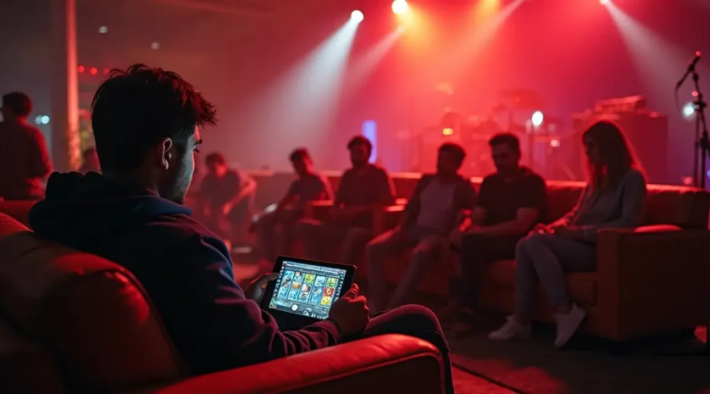 Man playing game on tablet in dimly lit lounge with people seated on sofas