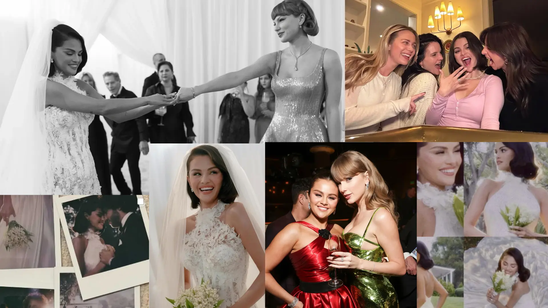 collage of photos featuring selena gomez in a white wedding gown and celebrating with her friends during her big day