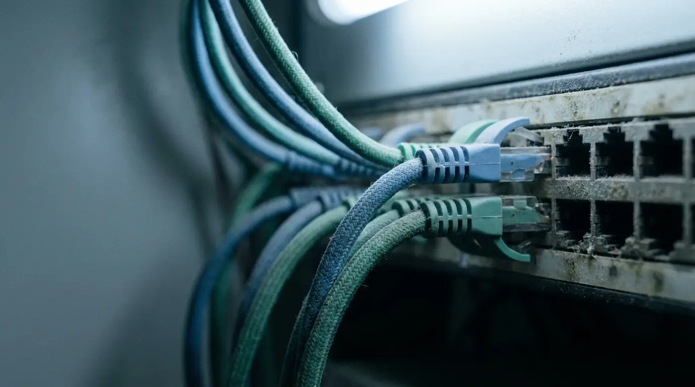 Network cables plugged into a dusty server panel in a dimly lit setting