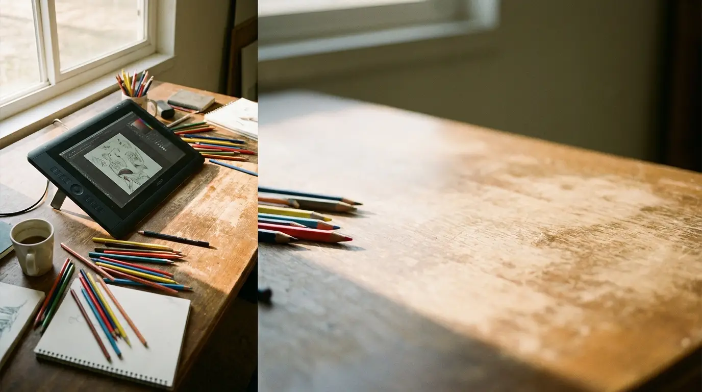 Digital drawing tablet and sketchbook with colored pencils on wooden desk in natural light