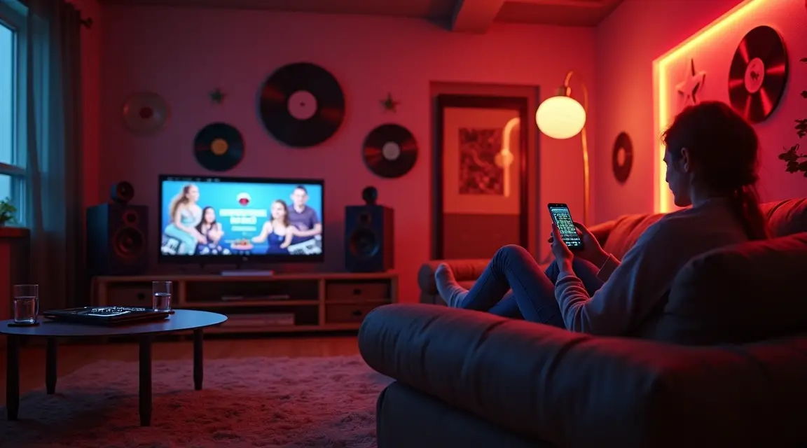 Person on couch using smartphone in dimly lit living room with TV and vinyl records on wall