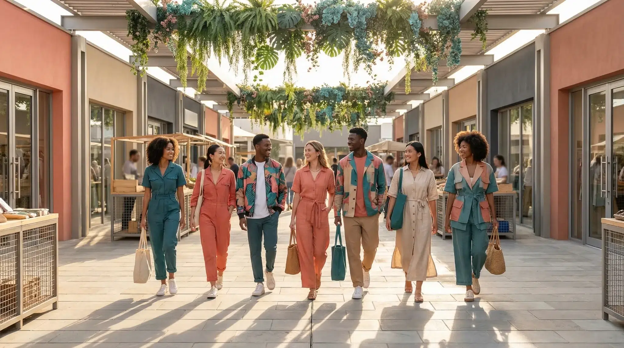 Group of smiling friends walking in outdoor shopping area under hanging plants