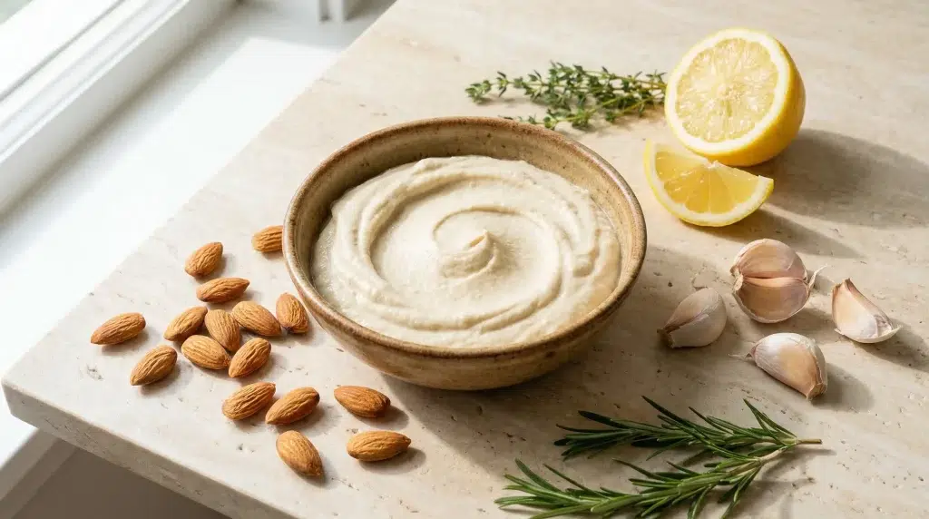 Creamy hummus in a bowl surrounded by almonds, lemon slices, garlic, and herbs on marble surface
