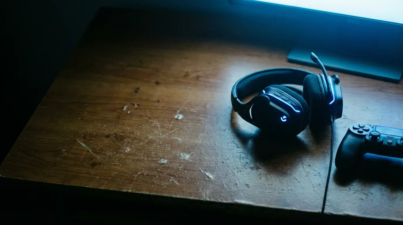 Headset with blue lights and gaming controller on wooden desk in dimly lit room