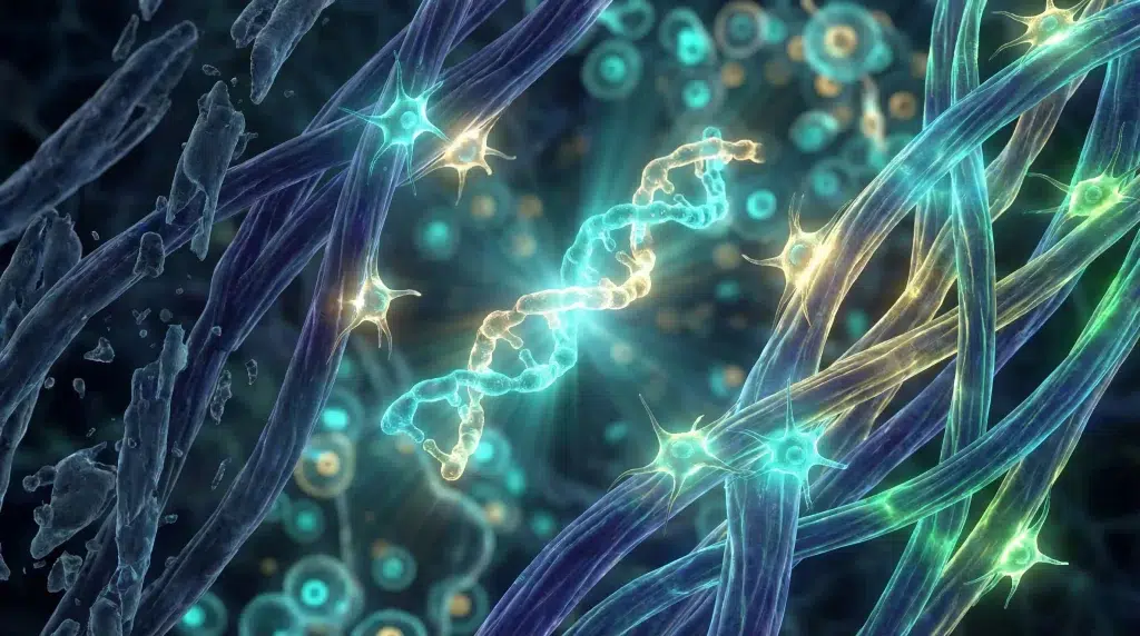 Abstract representation of DNA strands and neurons with glowing luminous effect in cool tones