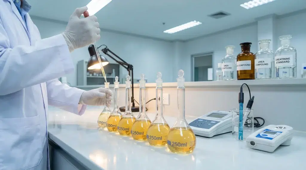Scientist transferring liquid into flasks in a laboratory with various glassware and equipment