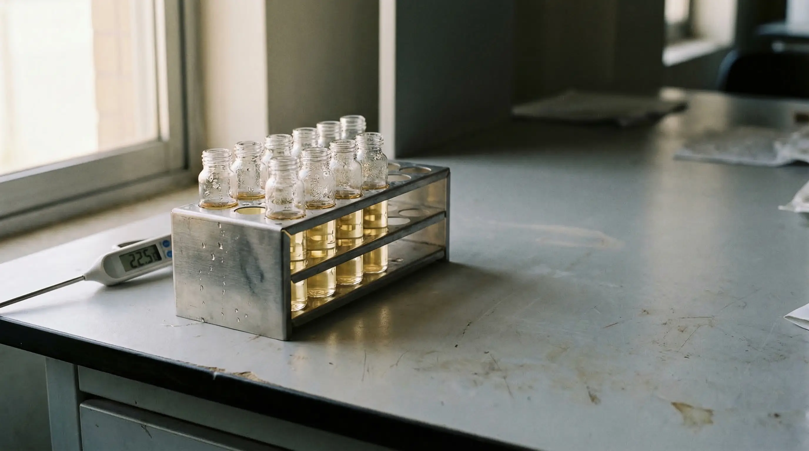 Test tubes with liquid on a laboratory table next to a digital thermometer.