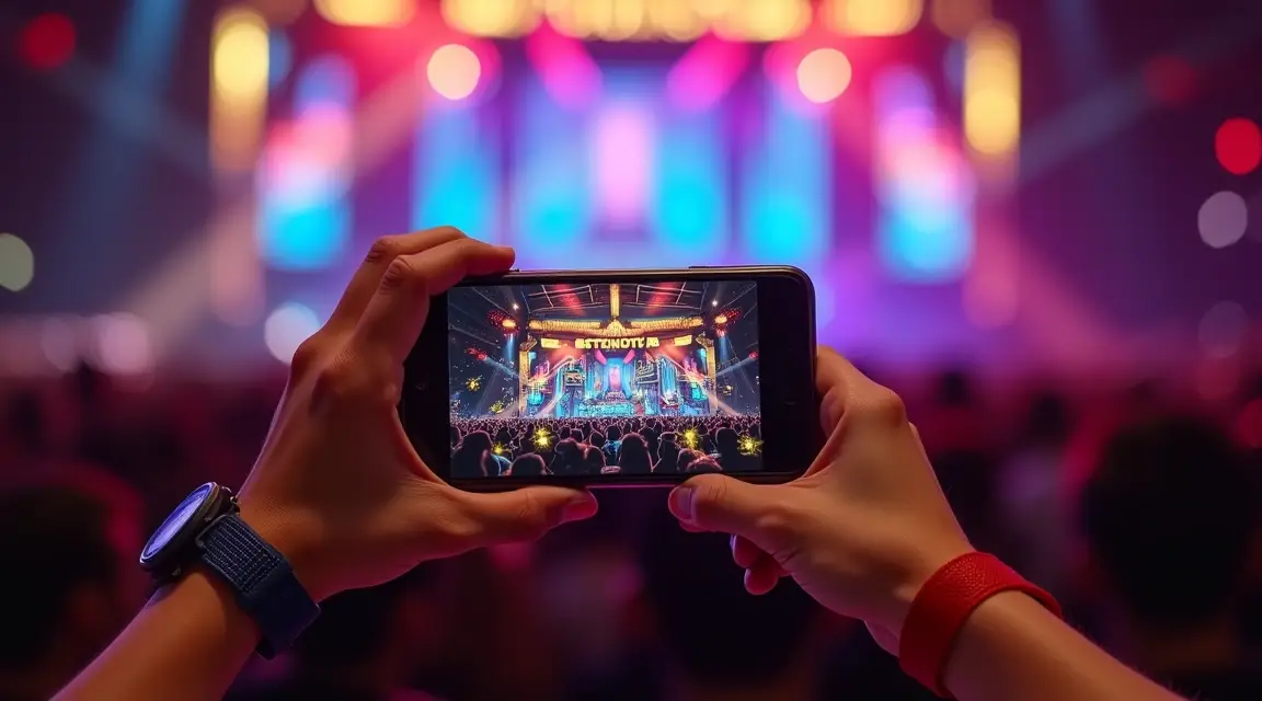 Person capturing concert stage on smartphone with vibrant lights in background
