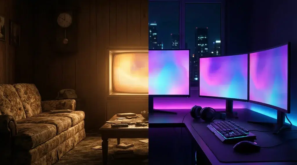 Vintage living room with wood paneling and TV beside modern gaming setup with triple monitors