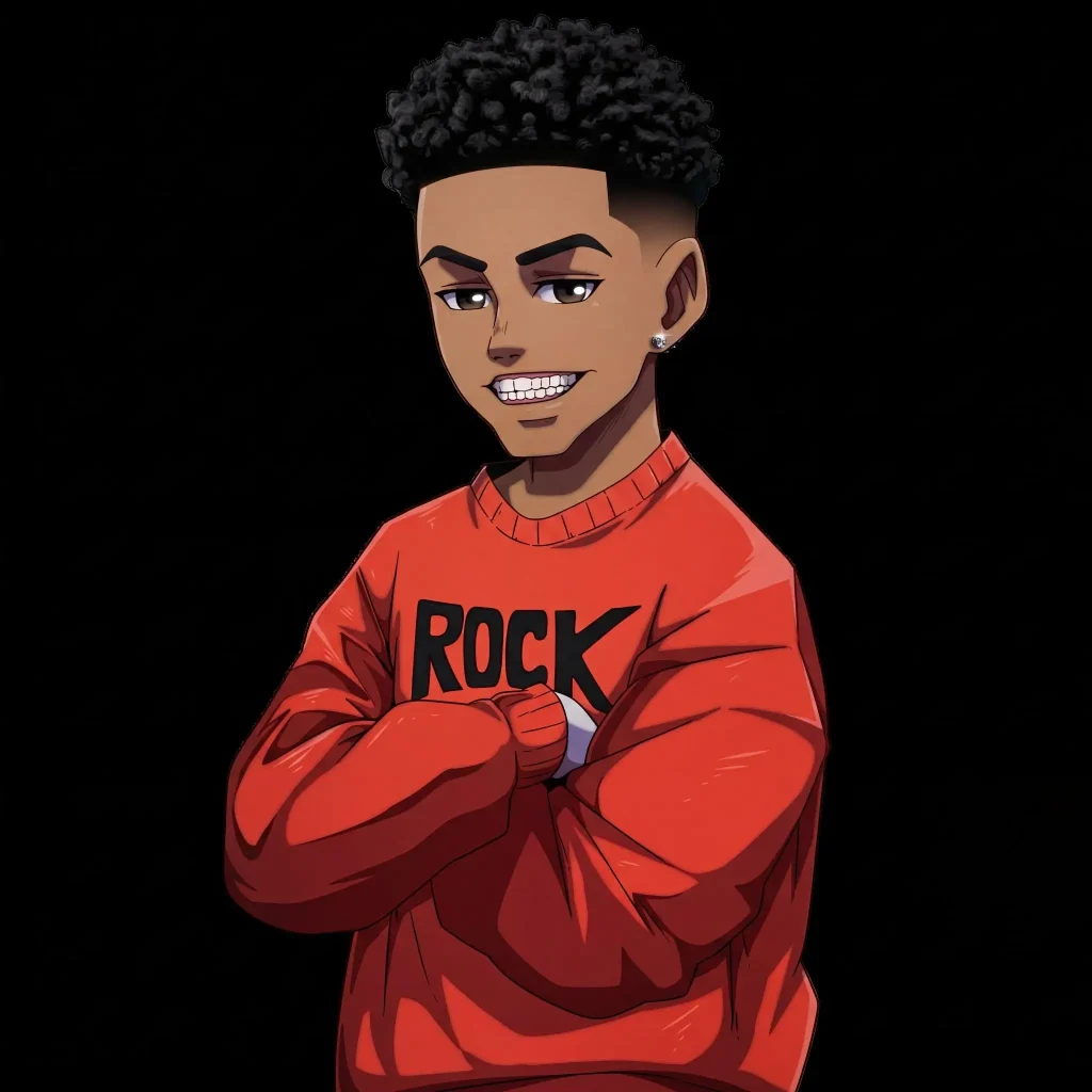 Animated character with curly hair wearing red "Rock" sweater against black background