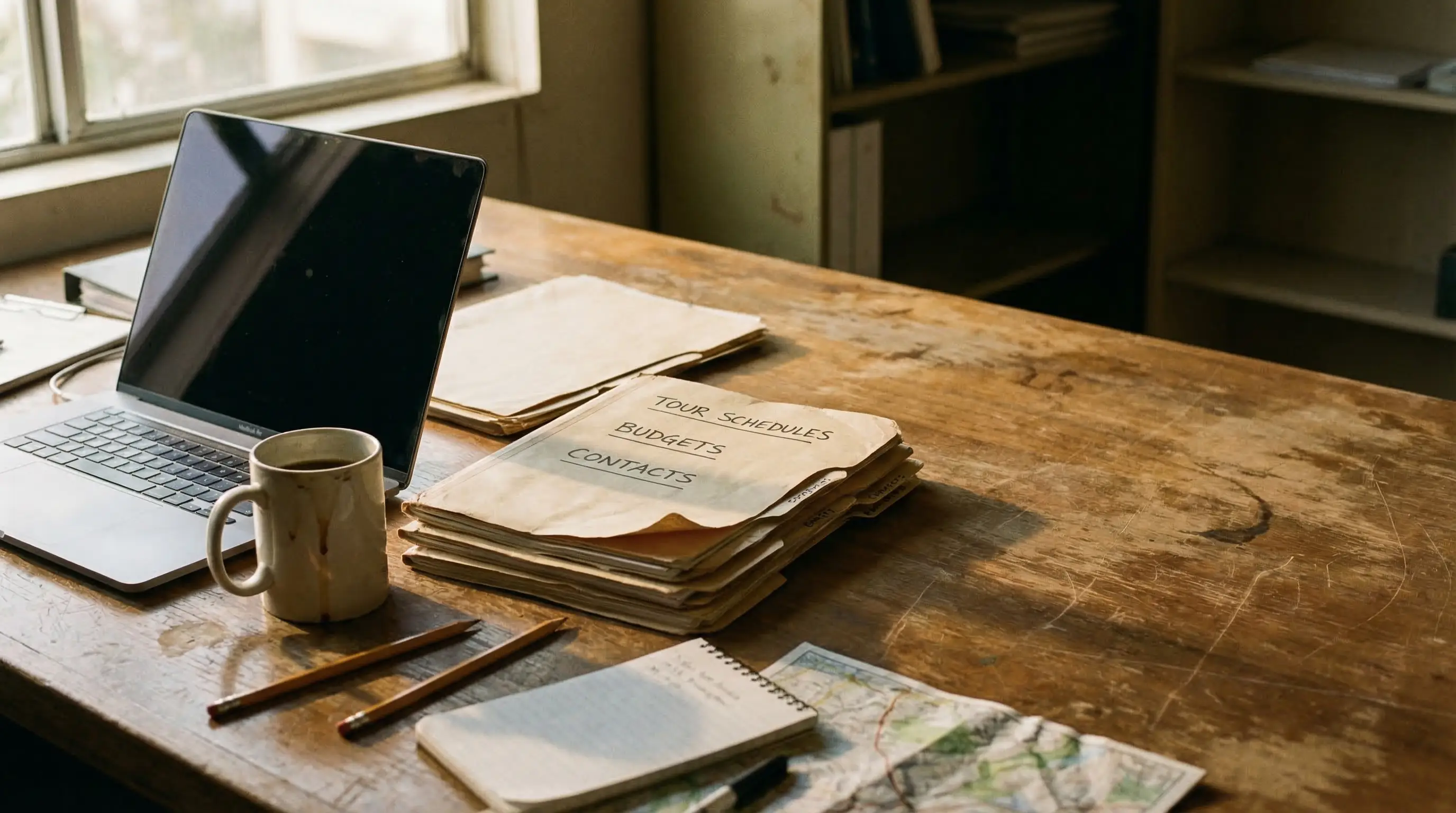 Laptop, coffee mug, and organized paperwork on a wooden desk near a window in a workspace
