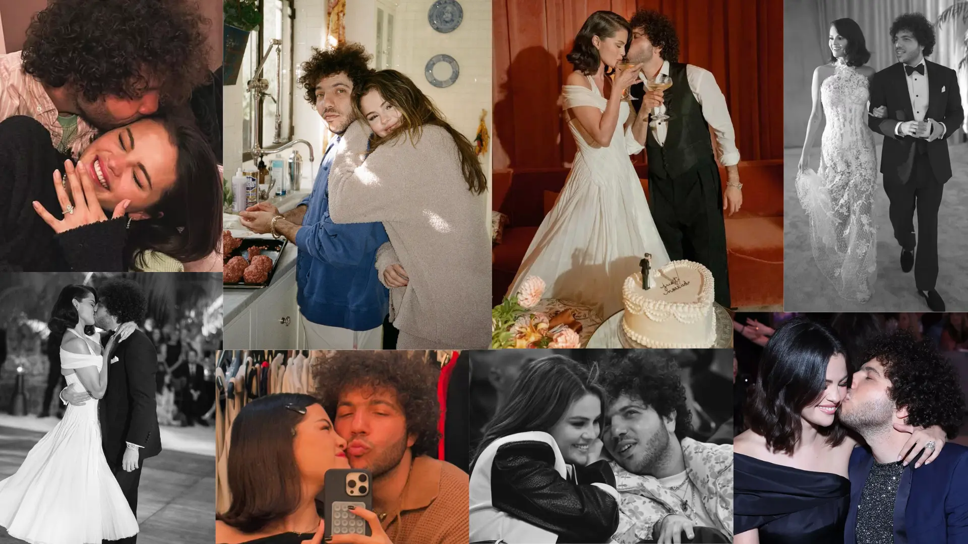 various photos of selena gomez and benny blanco showing their close relationship through many candid and formal moments