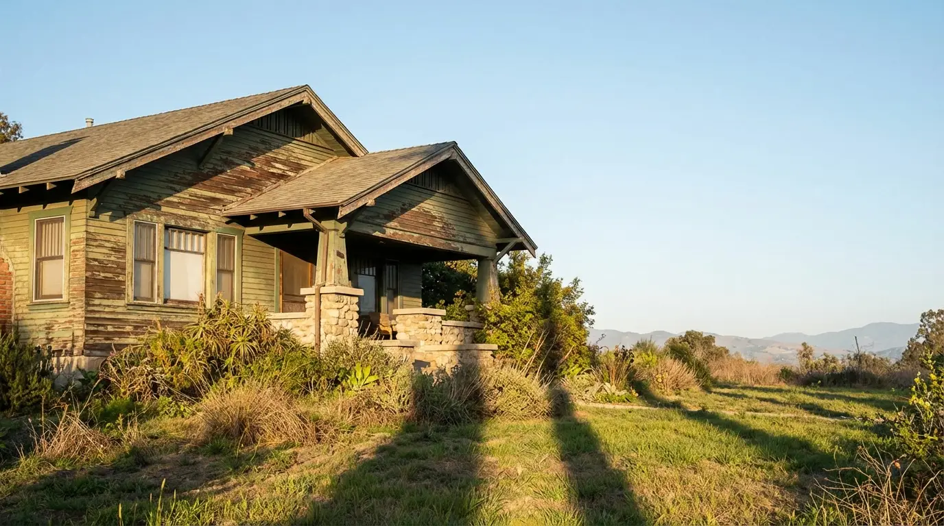 Weathered wooden house with stone porch surrounded by overgrown grass in rural landscape